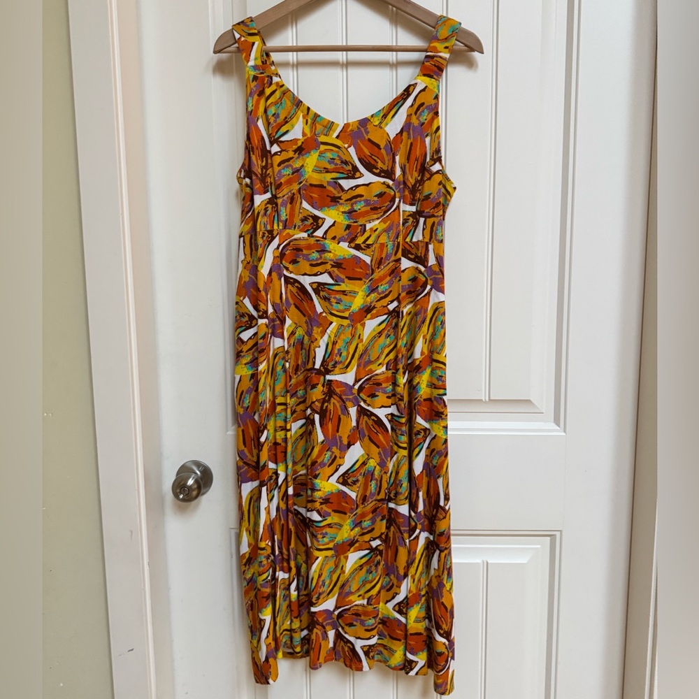 Blue Sky Yellow Tropical Linen Banboo Blend Sun Dress with Pockets. Size M